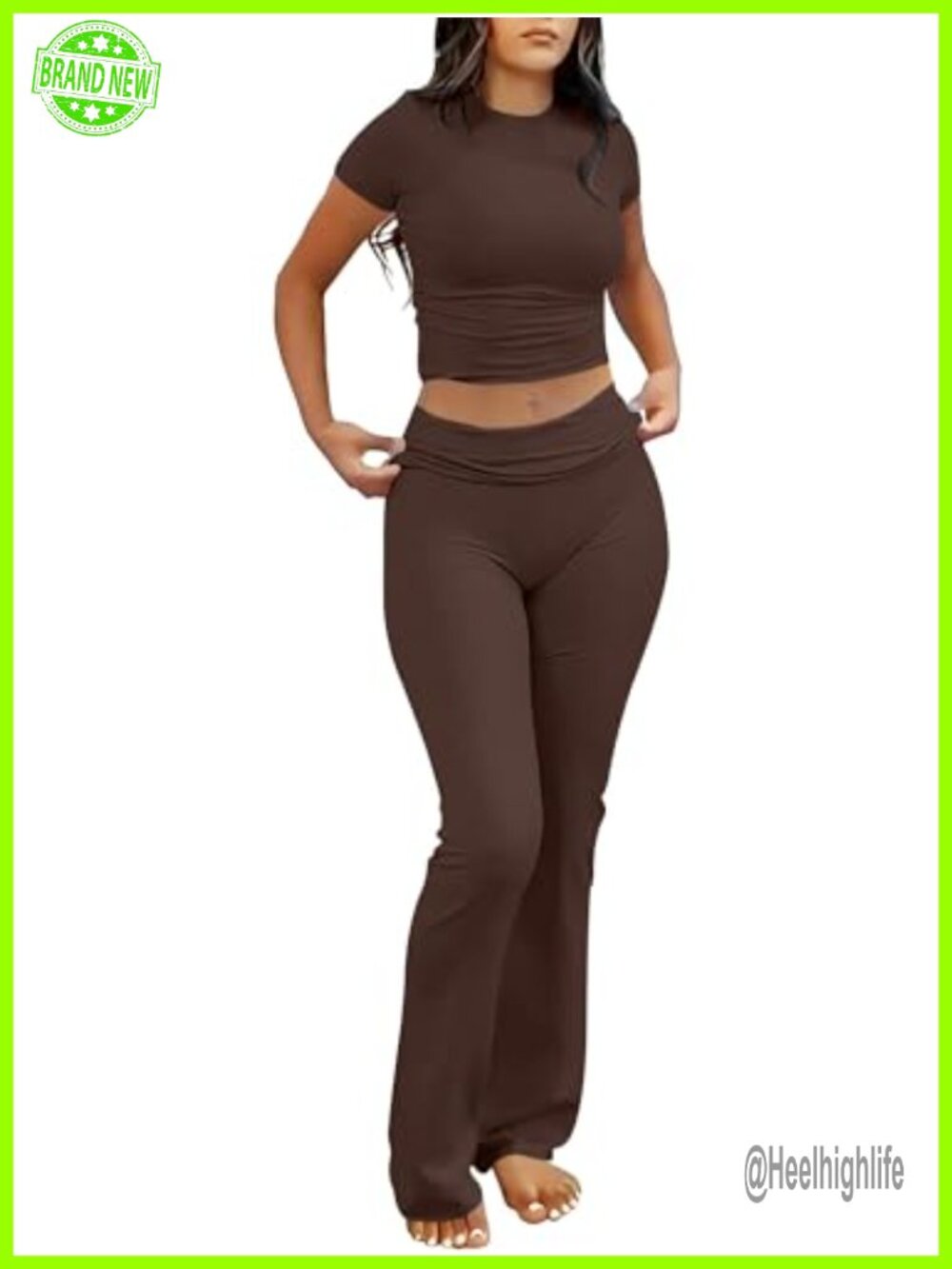 2 Piece Lounge Set Cropped Crewneck Top Flare Pants Slim Fit Women